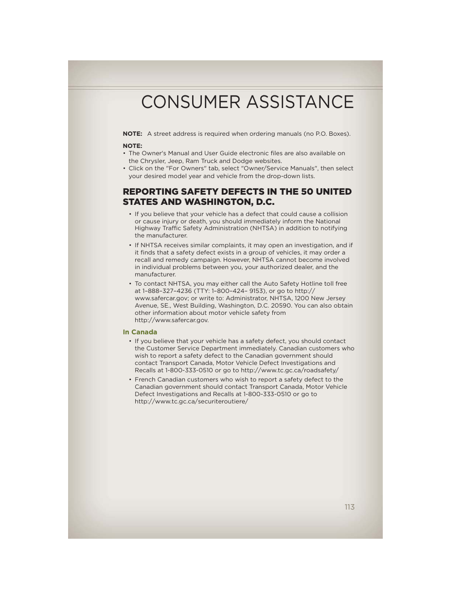 In canada, Consumer assistance | Jeep 2012 Wrangler Unlimited - User Guide User Manual | Page 115 / 124