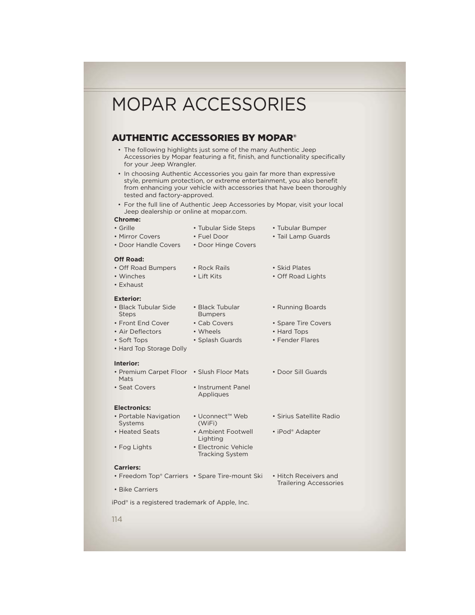 Mopar accessories, Authentic accessories by mopar | Jeep 2012 Wrangler Unlimited - User Guide User Manual | Page 116 / 124