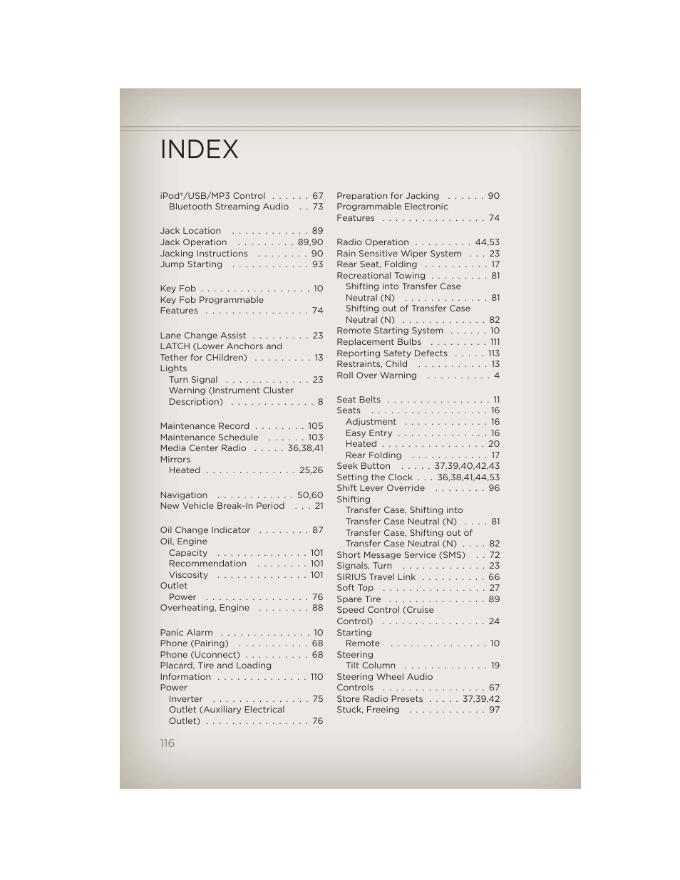 Index | Jeep 2012 Wrangler Unlimited - User Guide User Manual | Page 118 / 124