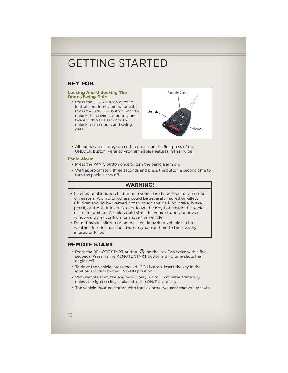 Getting started, Key fob, Locking and unlocking the doors/swing gate | Panic alarm, Remote start, Warning | Jeep 2012 Wrangler Unlimited - User Guide User Manual | Page 12 / 124