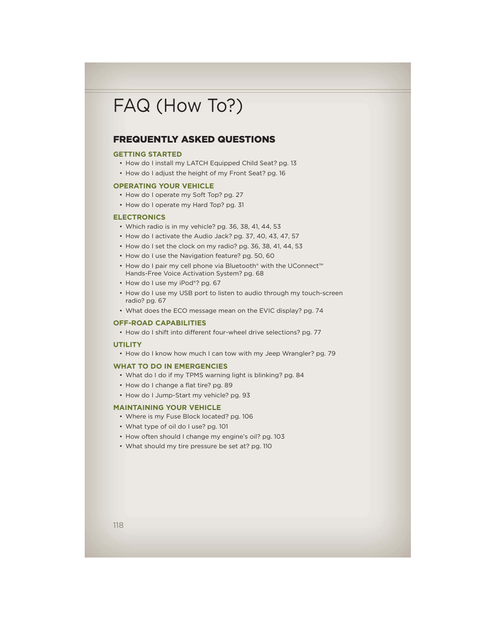 Faq (how to?), Frequently asked questions, Getting started | Operating your vehicle, Electronics, Off-road capabilities, Utility, What to do in emergencies, Maintaining your vehicle | Jeep 2012 Wrangler Unlimited - User Guide User Manual | Page 120 / 124
