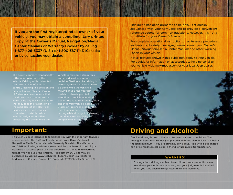 Important, Driving and alcohol | Jeep 2012 Wrangler Unlimited - User Guide User Manual | Page 123 / 124