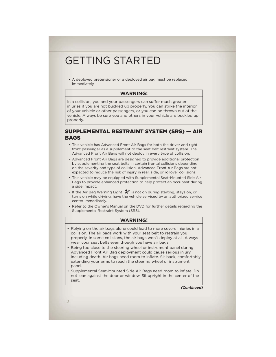 Supplemental restraint system (srs) — air bags, Getting started | Jeep 2012 Wrangler Unlimited - User Guide User Manual | Page 14 / 124