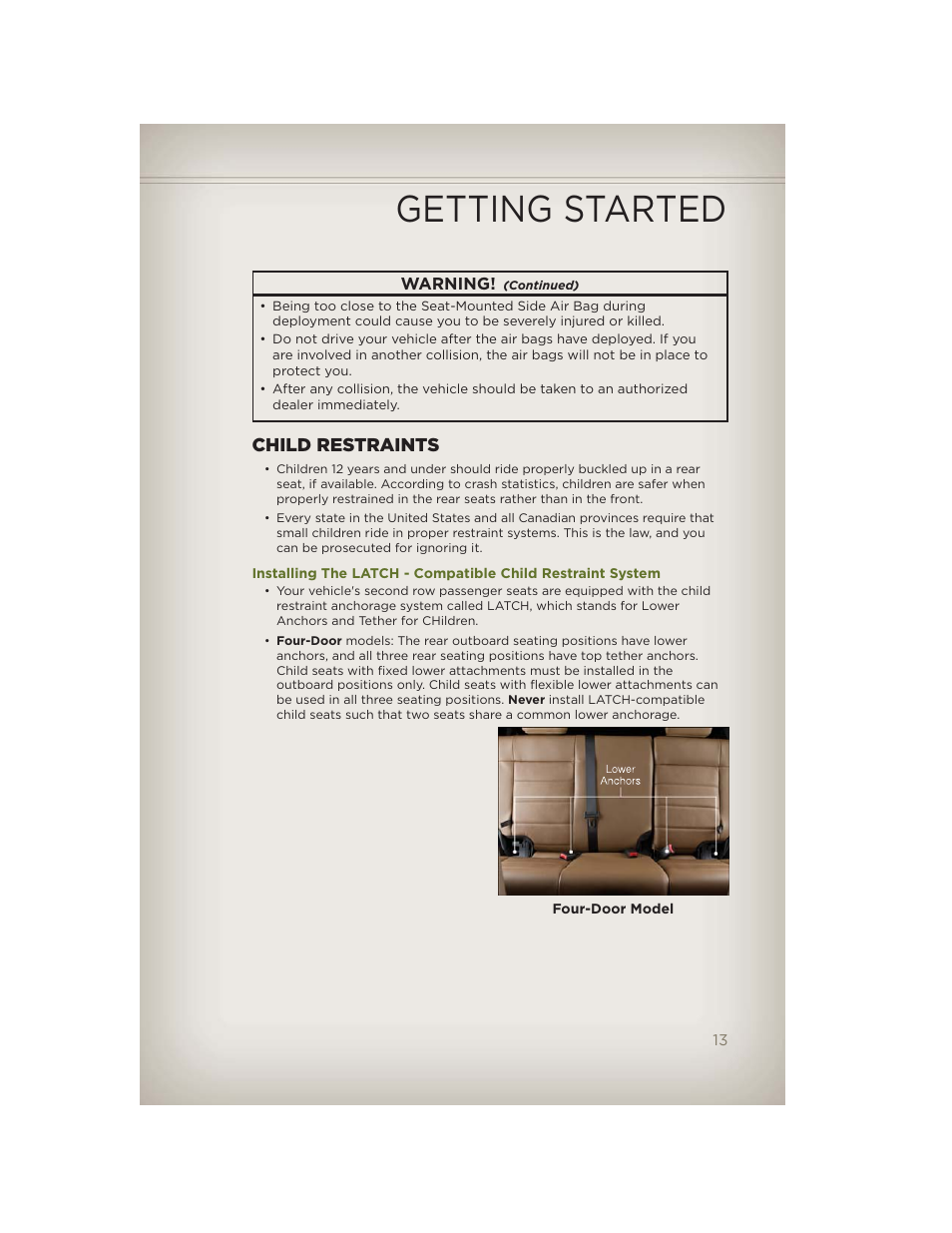 Child restraints, Getting started | Jeep 2012 Wrangler Unlimited - User Guide User Manual | Page 15 / 124