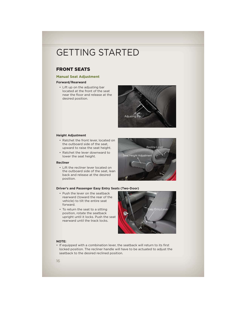 Front seats, Manual seat adjustment, Getting started | Jeep 2012 Wrangler Unlimited - User Guide User Manual | Page 18 / 124