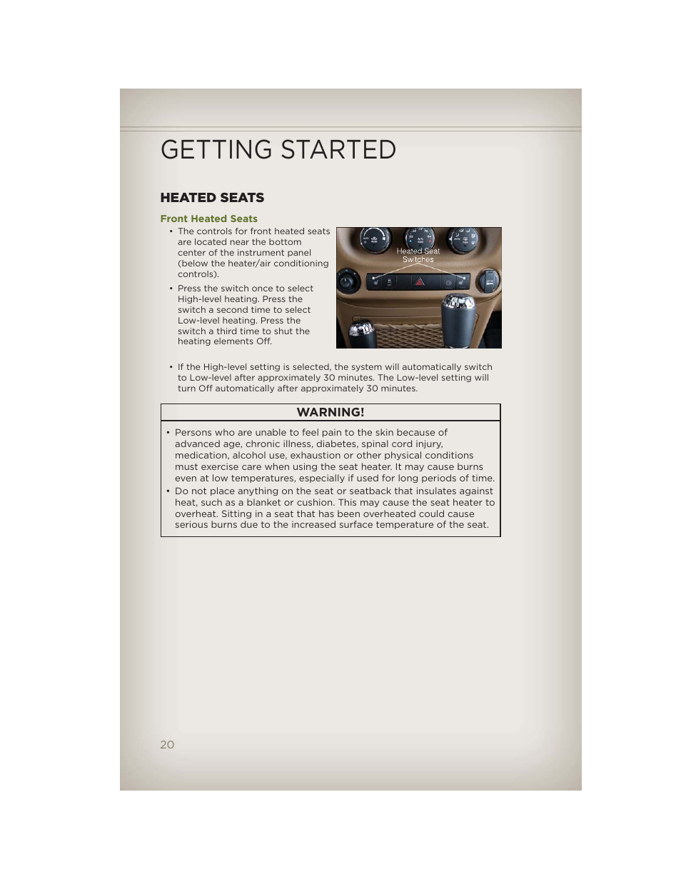 Heated seats, Front heated seats, Getting started | Jeep 2012 Wrangler Unlimited - User Guide User Manual | Page 22 / 124