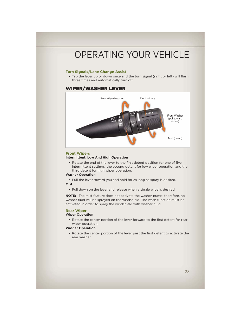 Turn signals/lane change assist, Wiper/washer lever, Front wipers | Rear wiper, Operating your vehicle | Jeep 2012 Wrangler Unlimited - User Guide User Manual | Page 25 / 124