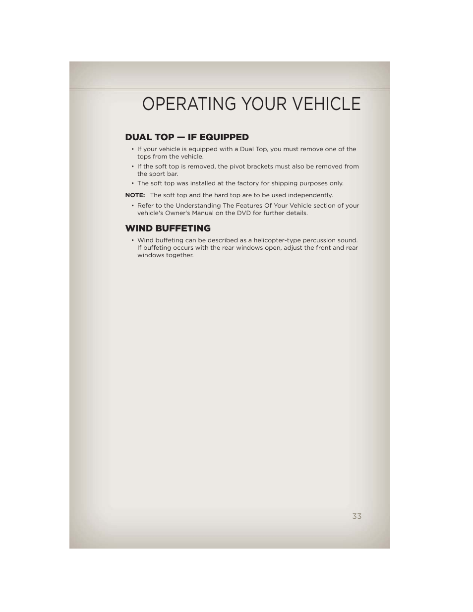 Dual top — if equipped, Wind buffeting, Operating your vehicle | Jeep 2012 Wrangler Unlimited - User Guide User Manual | Page 35 / 124