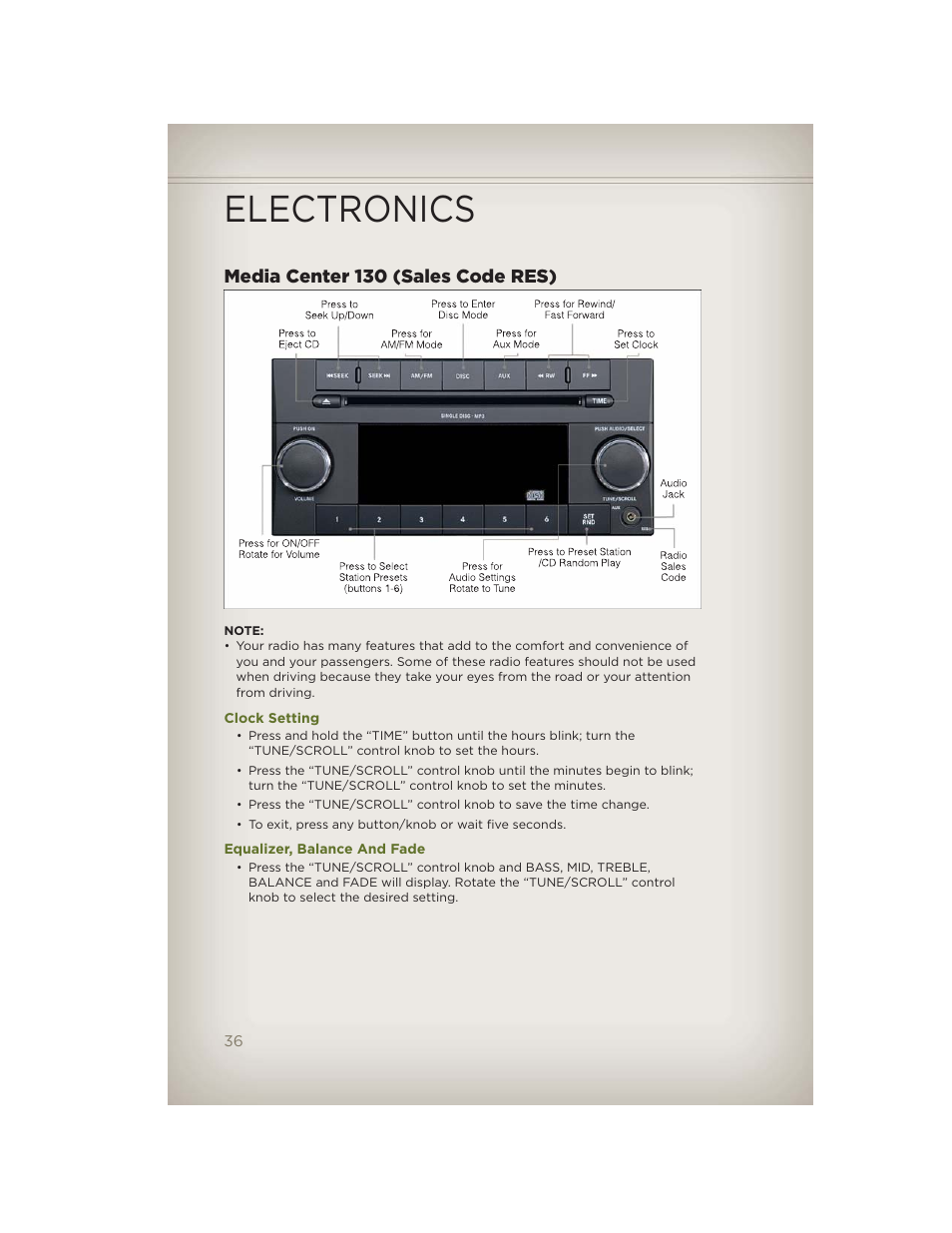 Media center 130 (sales code res), Clock setting, Equalizer, balance and fade | Electronics | Jeep 2012 Wrangler Unlimited - User Guide User Manual | Page 38 / 124