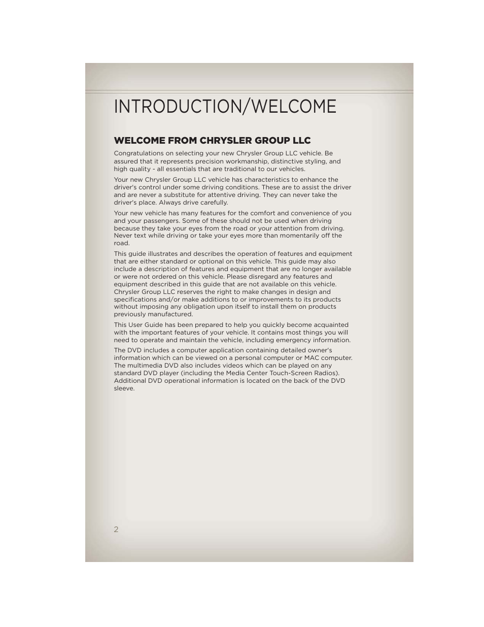 Introduction/welcome, Welcome from chrysler group llc | Jeep 2012 Wrangler Unlimited - User Guide User Manual | Page 4 / 124