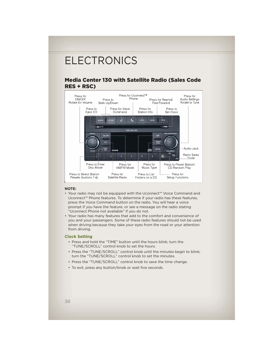 Clock setting, Electronics | Jeep 2012 Wrangler Unlimited - User Guide User Manual | Page 40 / 124
