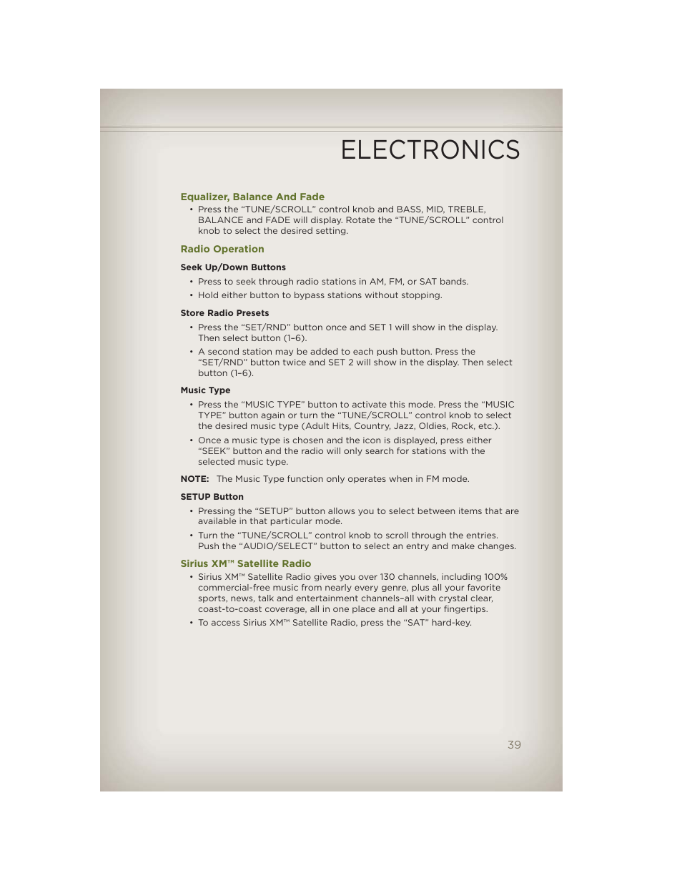 Equalizer, balance and fade, Radio operation, Sirius xm™ satellite radio | Electronics | Jeep 2012 Wrangler Unlimited - User Guide User Manual | Page 41 / 124