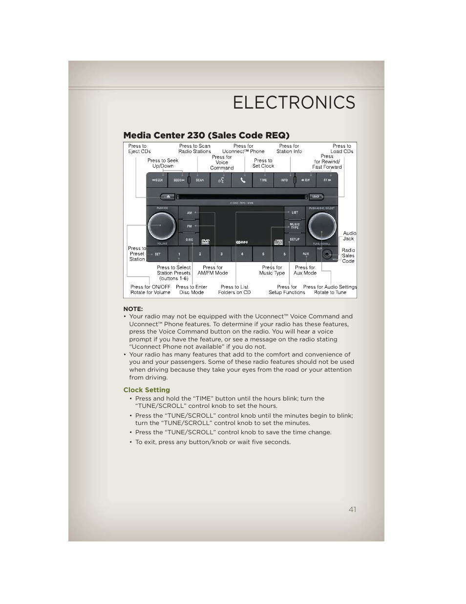 Media center 230 (sales code req), Clock setting, Electronics | Jeep 2012 Wrangler Unlimited - User Guide User Manual | Page 43 / 124