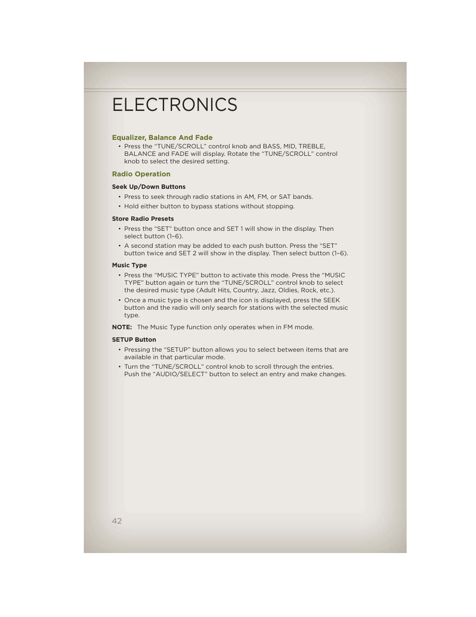 Equalizer, balance and fade, Radio operation, Electronics | Jeep 2012 Wrangler Unlimited - User Guide User Manual | Page 44 / 124