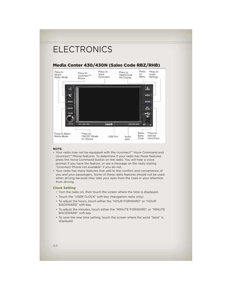Media center 430/430n (sales code rbz/rhb), Clock setting, Electronics | Jeep 2012 Wrangler Unlimited - User Guide User Manual | Page 46 / 124
