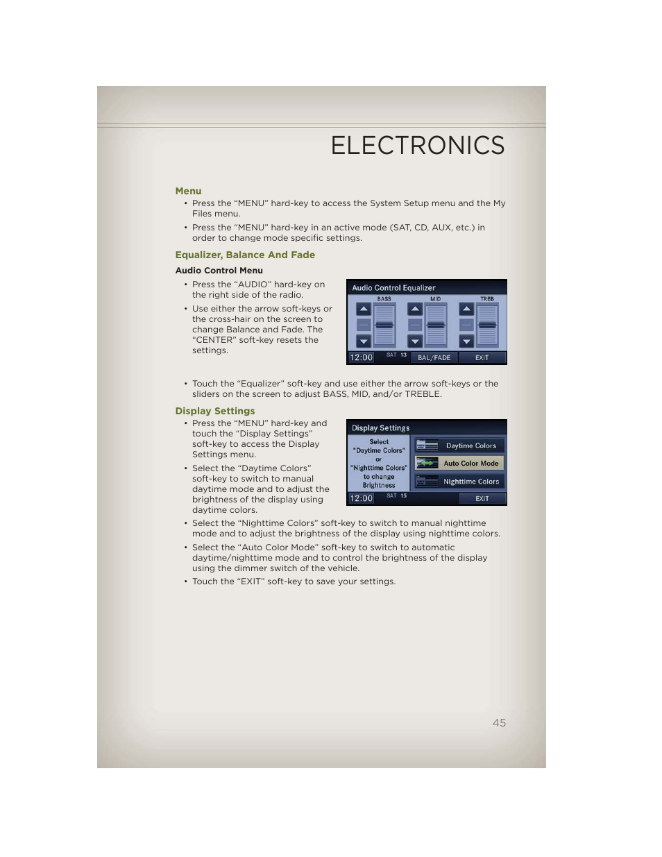 Menu, Equalizer, balance and fade, Display settings | Electronics | Jeep 2012 Wrangler Unlimited - User Guide User Manual | Page 47 / 124