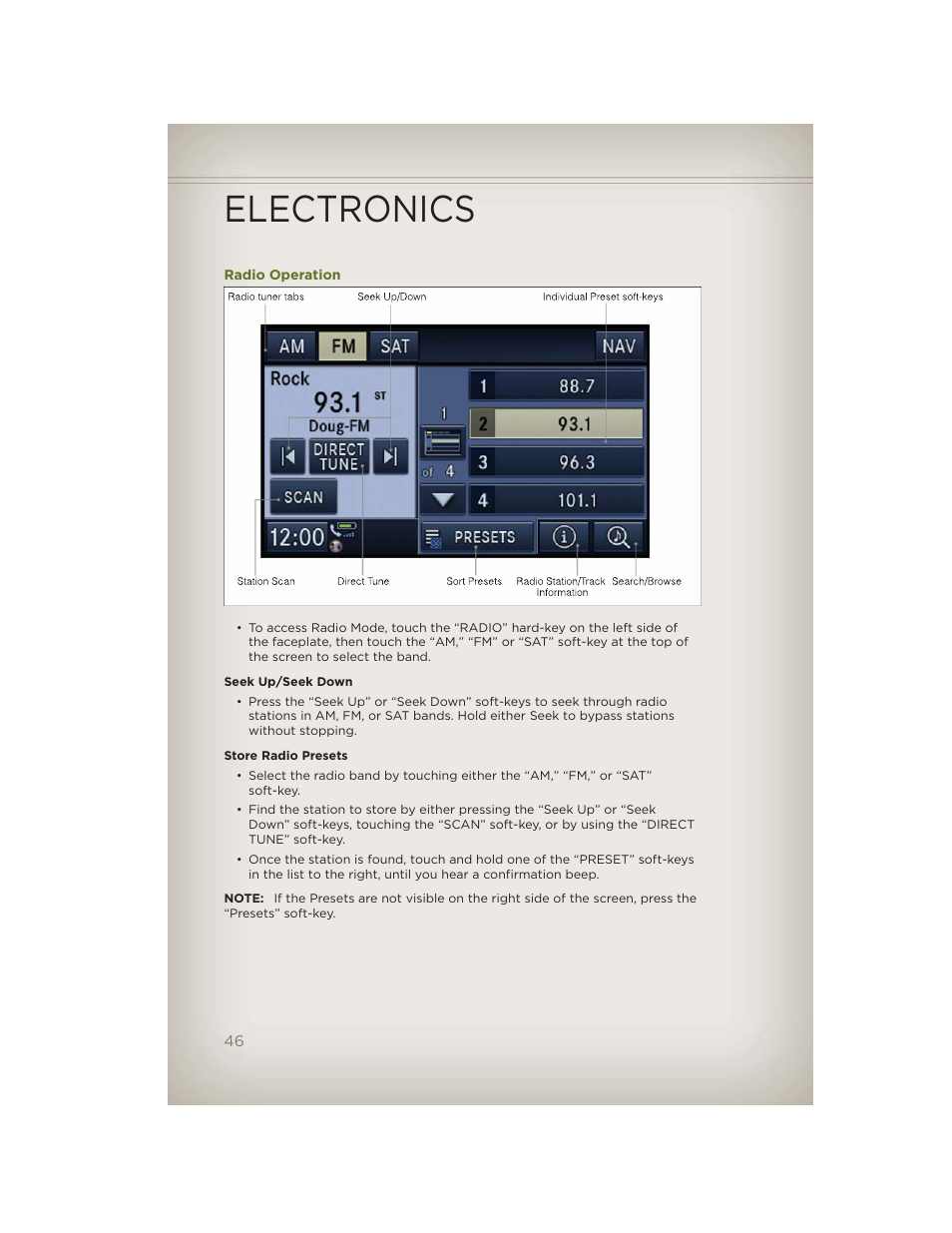 Radio operation, Electronics | Jeep 2012 Wrangler Unlimited - User Guide User Manual | Page 48 / 124