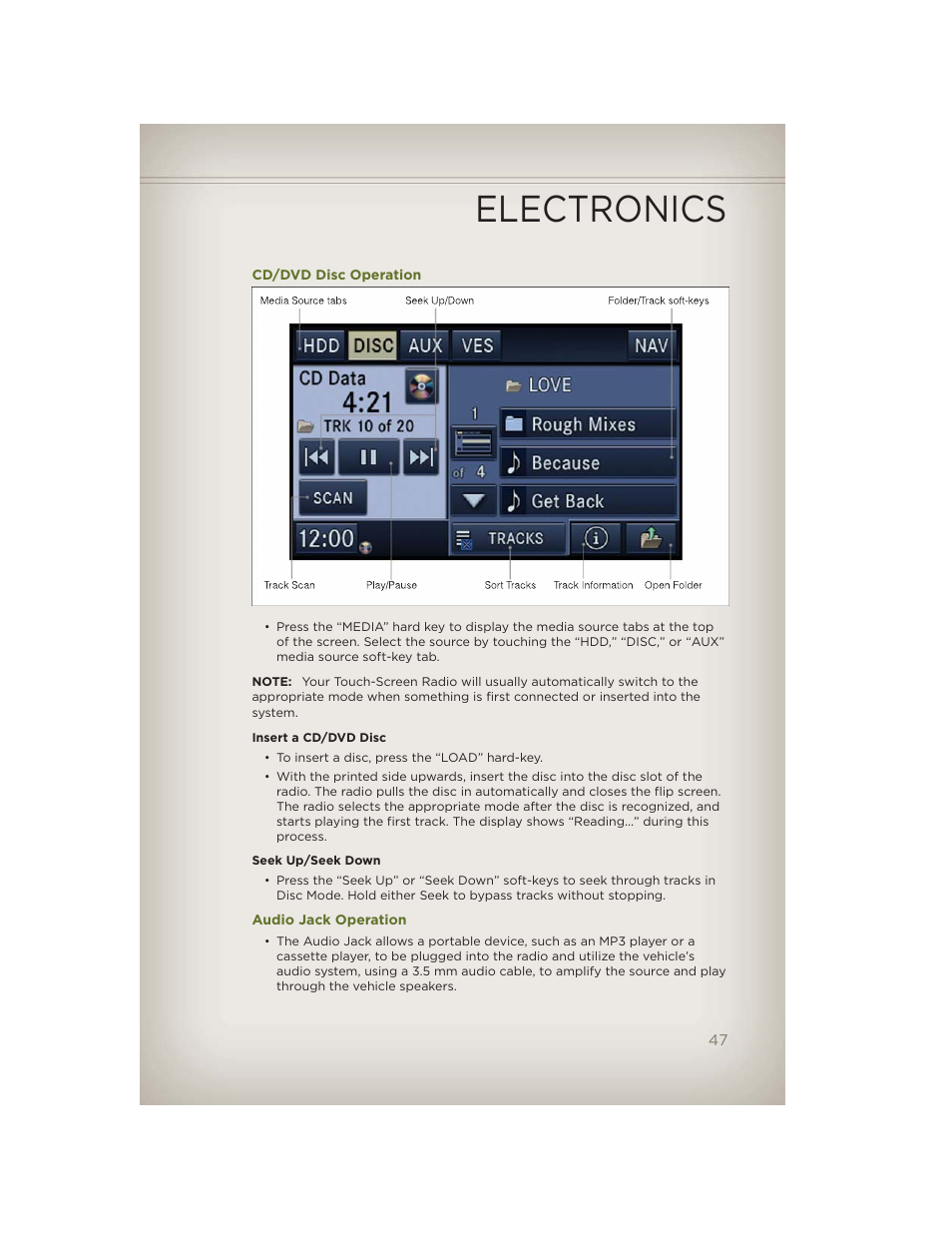 Cd/dvd disc operation, Audio jack operation, Electronics | Jeep 2012 Wrangler Unlimited - User Guide User Manual | Page 49 / 124