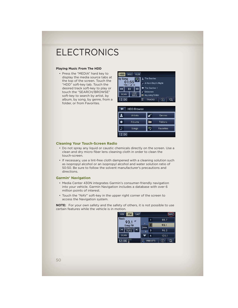 Cleaning your touch-screen radio, Garmin® navigation, Electronics | Jeep 2012 Wrangler Unlimited - User Guide User Manual | Page 52 / 124
