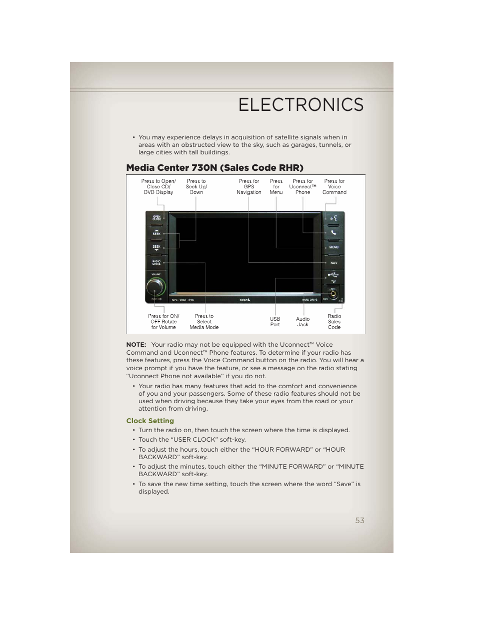Media center 730n (sales code rhr), Clock setting, Electronics | Jeep 2012 Wrangler Unlimited - User Guide User Manual | Page 55 / 124