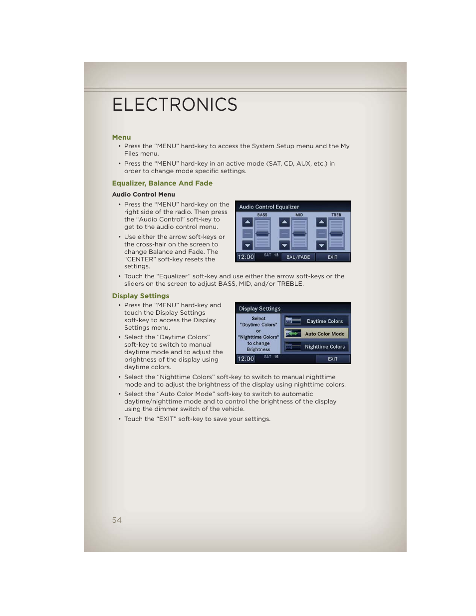 Menu, Equalizer, balance and fade, Display settings | Electronics | Jeep 2012 Wrangler Unlimited - User Guide User Manual | Page 56 / 124