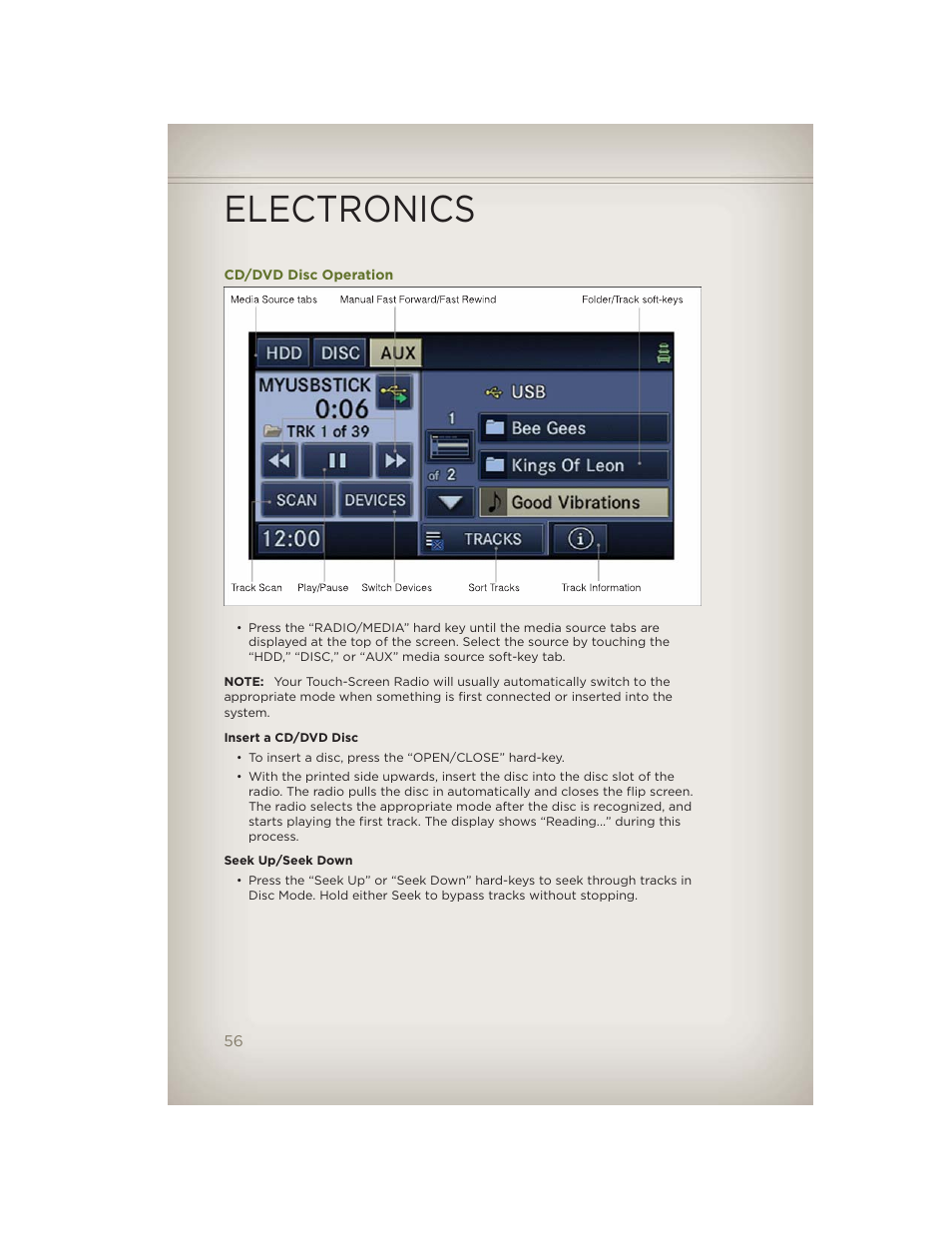 Cd/dvd disc operation, Electronics | Jeep 2012 Wrangler Unlimited - User Guide User Manual | Page 58 / 124