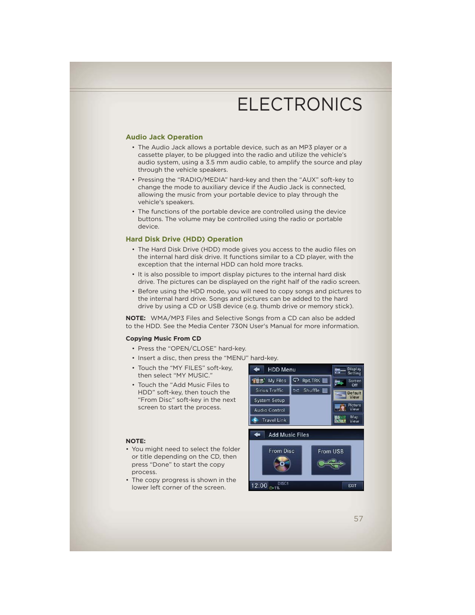 Audio jack operation, Hard disk drive (hdd) operation, Electronics | Jeep 2012 Wrangler Unlimited - User Guide User Manual | Page 59 / 124