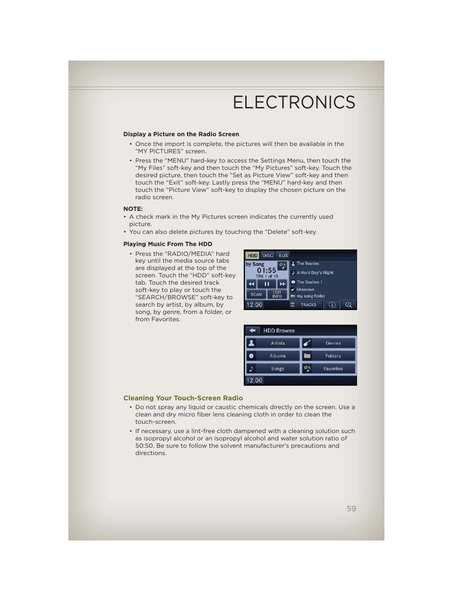Cleaning your touch-screen radio, Electronics | Jeep 2012 Wrangler Unlimited - User Guide User Manual | Page 61 / 124