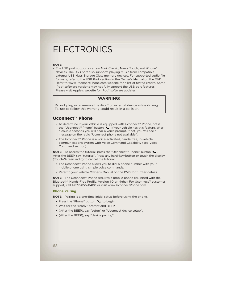 Uconnect™ phone, Phone pairing, Electronics | Warning | Jeep 2012 Wrangler Unlimited - User Guide User Manual | Page 70 / 124