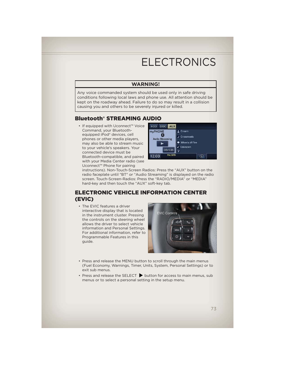 Bluetooth® streaming audio, Electronic vehicle information center (evic), Electronics | Jeep 2012 Wrangler Unlimited - User Guide User Manual | Page 75 / 124