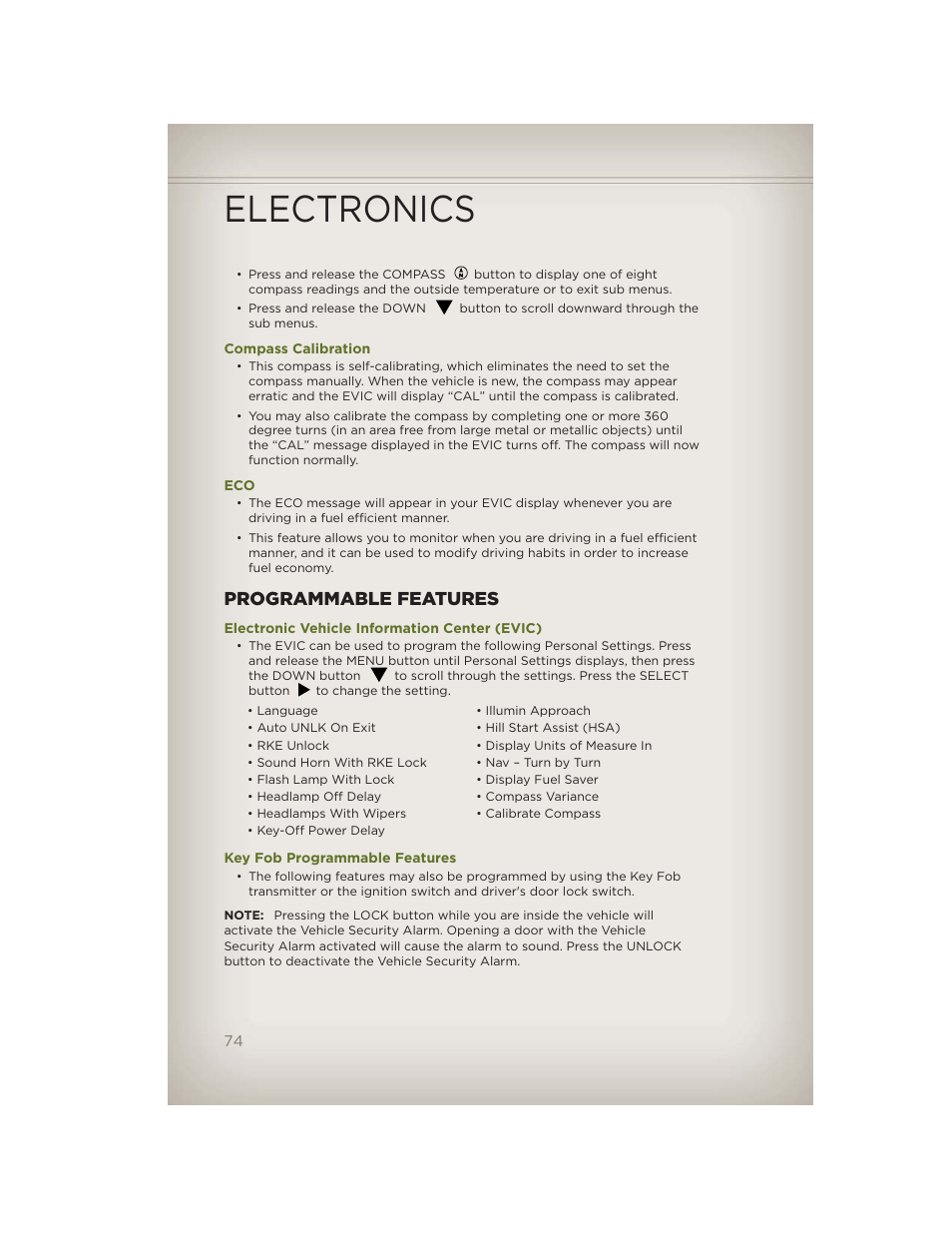 Compass calibration, Programmable features, Electronic vehicle information center (evic) | Key fob programmable features, Electronics | Jeep 2012 Wrangler Unlimited - User Guide User Manual | Page 76 / 124