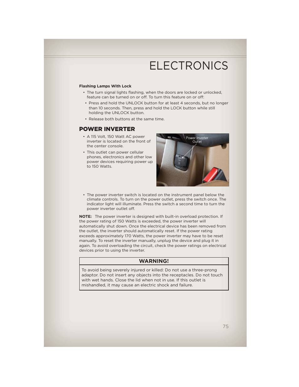 Power inverter, Electronics | Jeep 2012 Wrangler Unlimited - User Guide User Manual | Page 77 / 124
