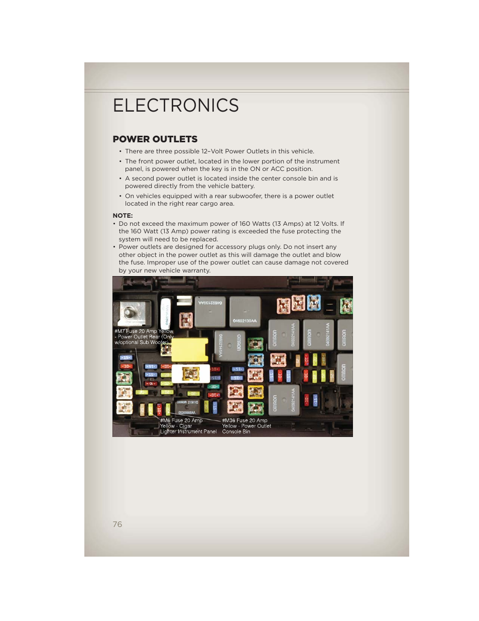 Power outlets, Electronics | Jeep 2012 Wrangler Unlimited - User Guide User Manual | Page 78 / 124
