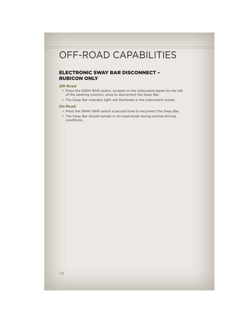 Electronic sway bar disconnect – rubicon only, Off-road, On-road | Off-road capabilities | Jeep 2012 Wrangler Unlimited - User Guide User Manual | Page 80 / 124