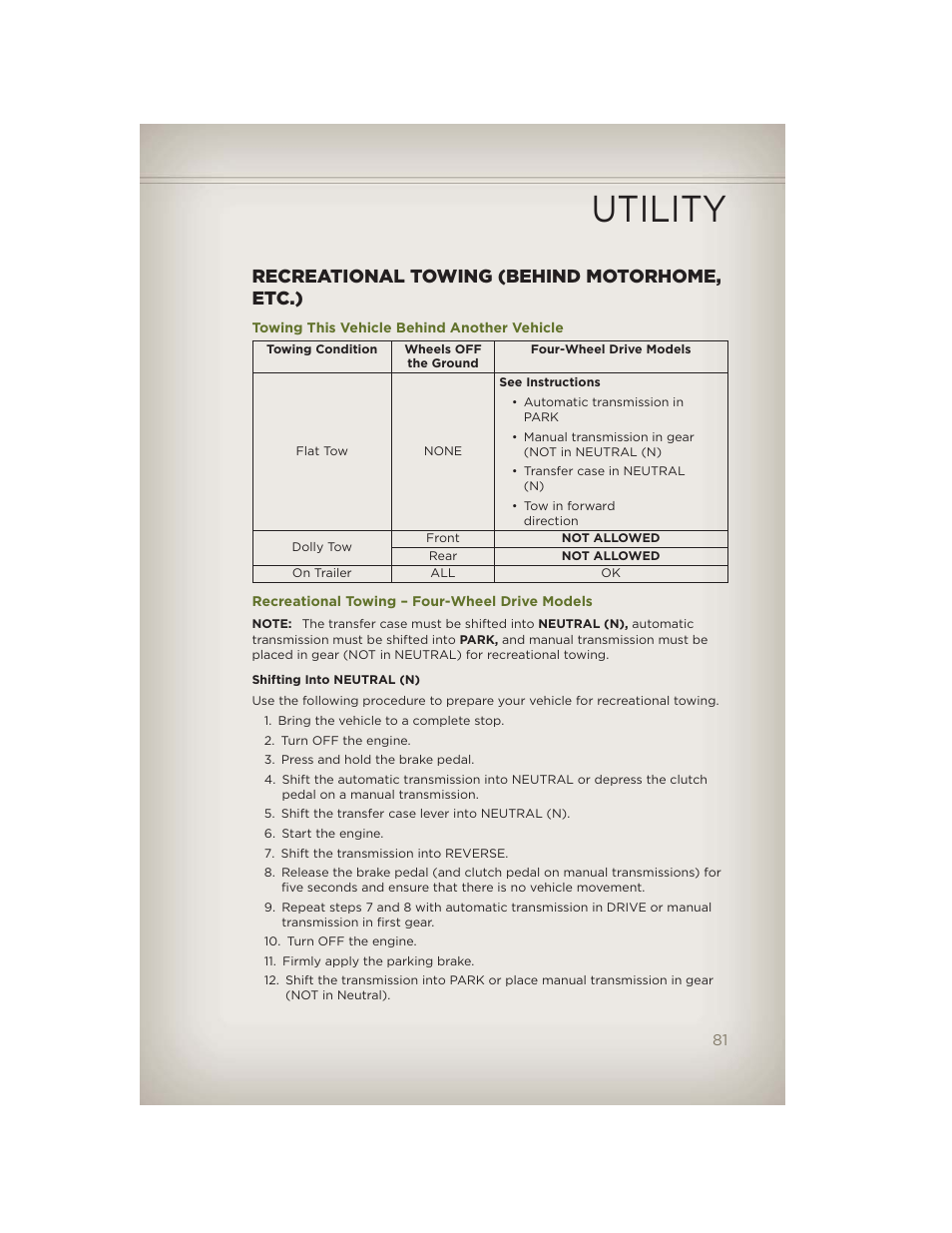 Recreational towing (behind motorhome, etc.), Towing this vehicle behind another vehicle, Recreational towing – four-wheel drive models | Utility | Jeep 2012 Wrangler Unlimited - User Guide User Manual | Page 83 / 124