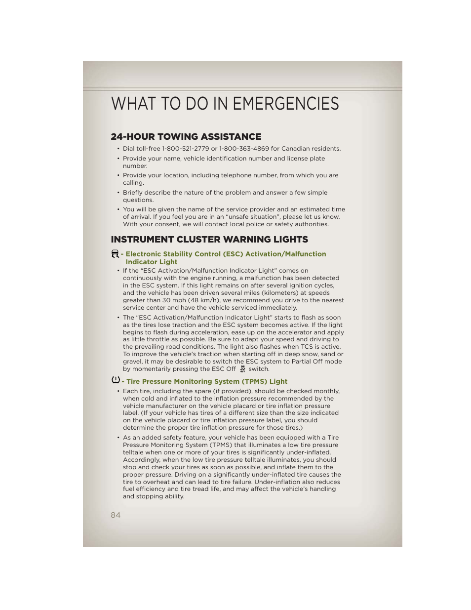 What to do in emergencies, Hour towing assistance, Instrument cluster warning lights | Tire pressure monitoring system (tpms) light | Jeep 2012 Wrangler Unlimited - User Guide User Manual | Page 86 / 124