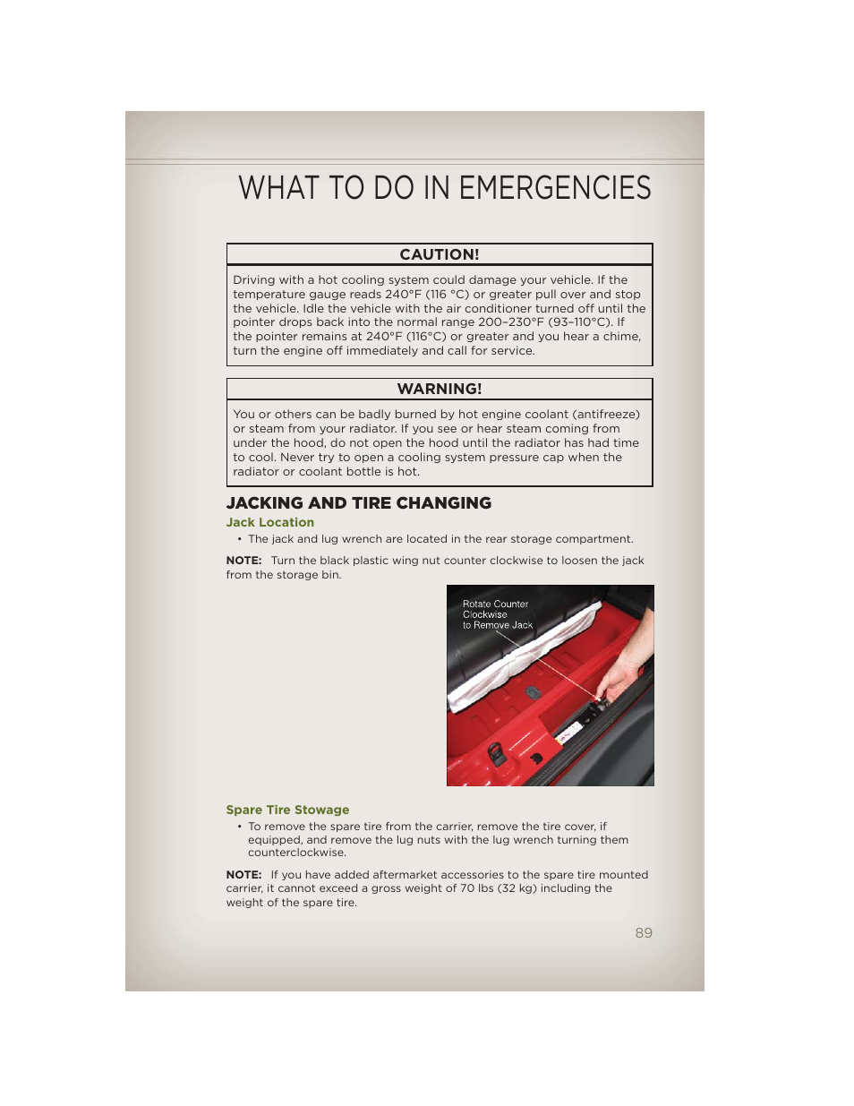 Jacking and tire changing, Jack location, Spare tire stowage | What to do in emergencies | Jeep 2012 Wrangler Unlimited - User Guide User Manual | Page 91 / 124