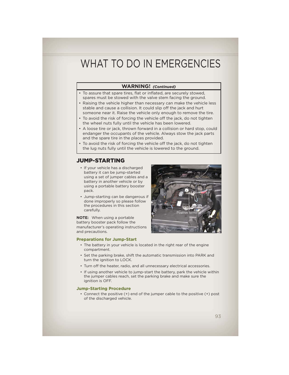 Jump-starting, Preparations for jump-start, Jump-starting procedure | What to do in emergencies | Jeep 2012 Wrangler Unlimited - User Guide User Manual | Page 95 / 124