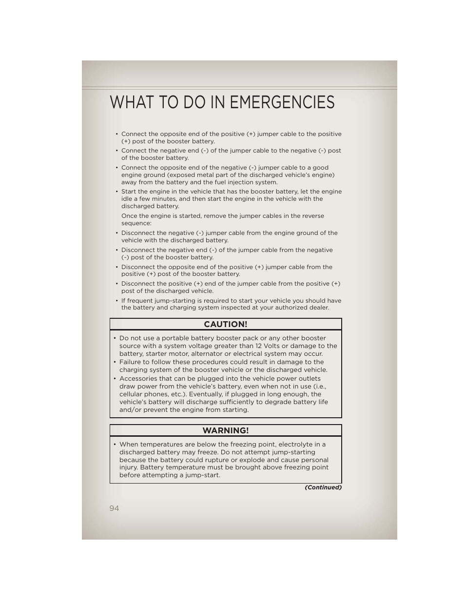 What to do in emergencies, Caution, Warning | Jeep 2012 Wrangler Unlimited - User Guide User Manual | Page 96 / 124