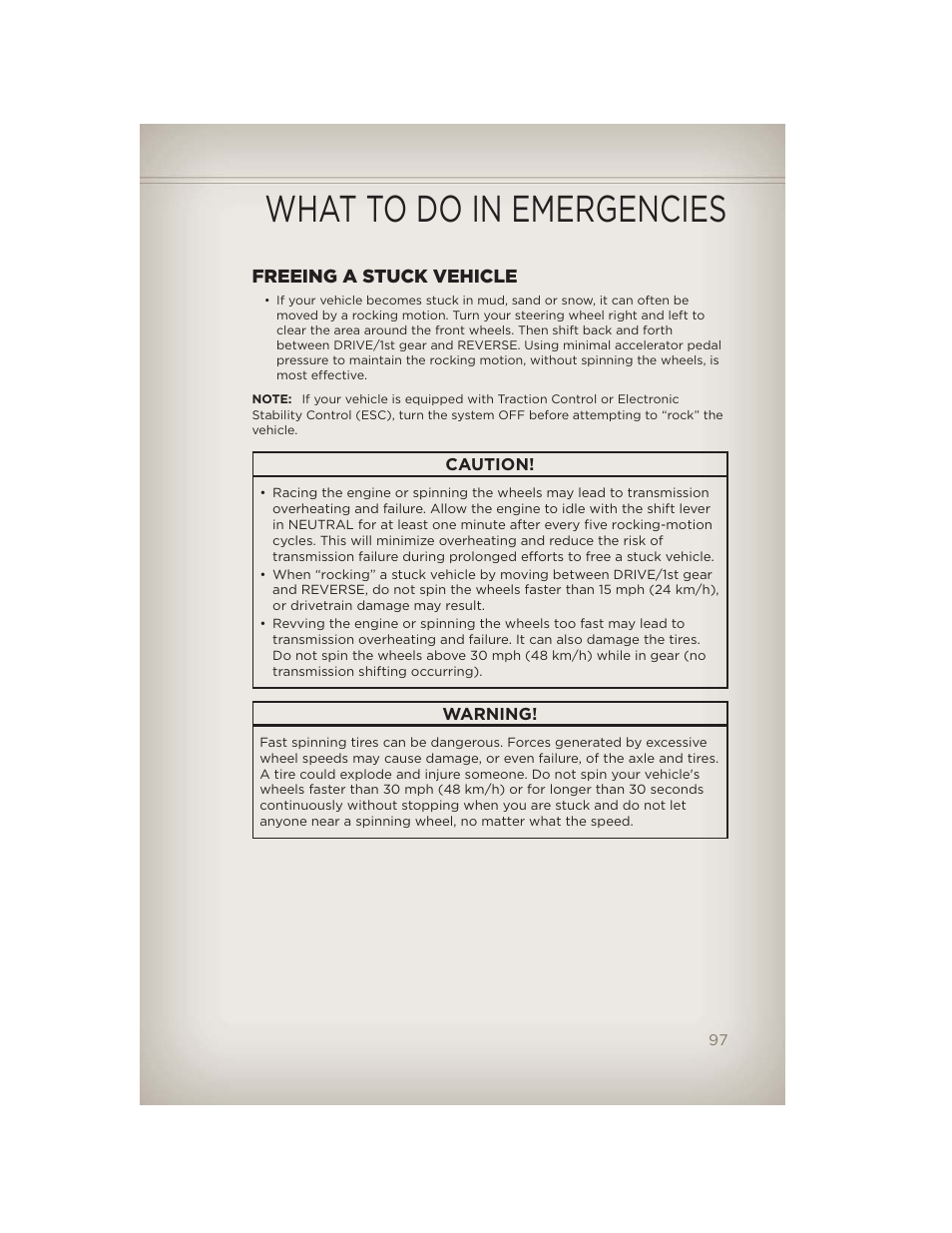 Freeing a stuck vehicle, What to do in emergencies | Jeep 2012 Wrangler Unlimited - User Guide User Manual | Page 99 / 124