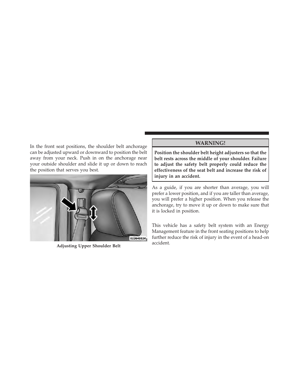 Adjustable upper shoulder belt anchorage, Energy management feature | Jeep 2012 Wrangler - Postal Supplement User Manual | Page 18 / 50