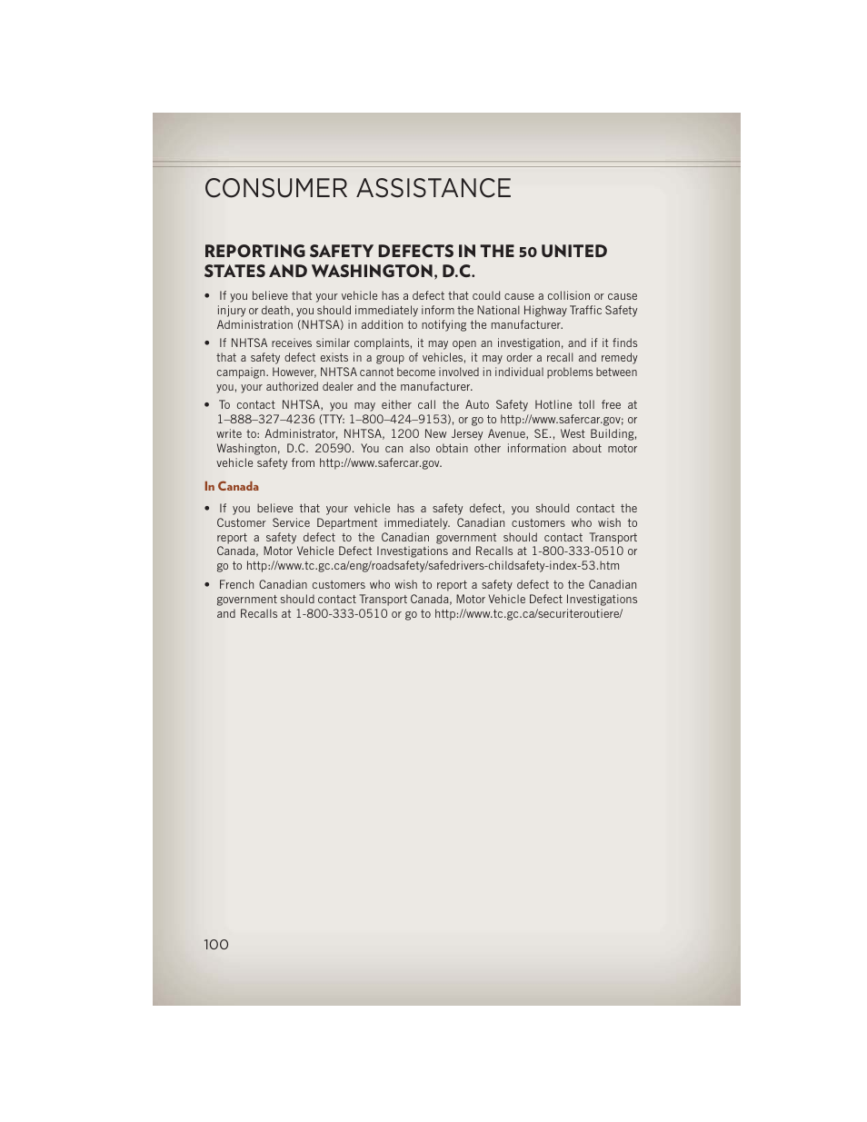 In canada, Consumer assistance | Jeep 2013 Compass - User Guide User Manual | Page 102 / 116