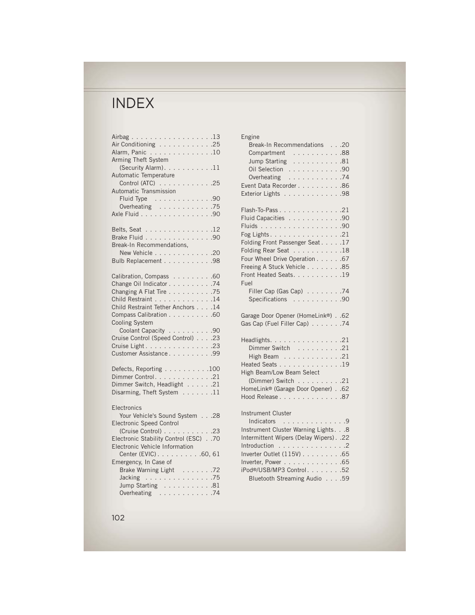 Index | Jeep 2013 Compass - User Guide User Manual | Page 104 / 116