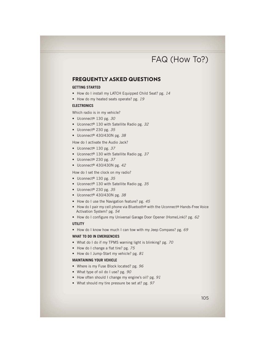 Faq (how to?), Frequently asked questions | Jeep 2013 Compass - User Guide User Manual | Page 107 / 116