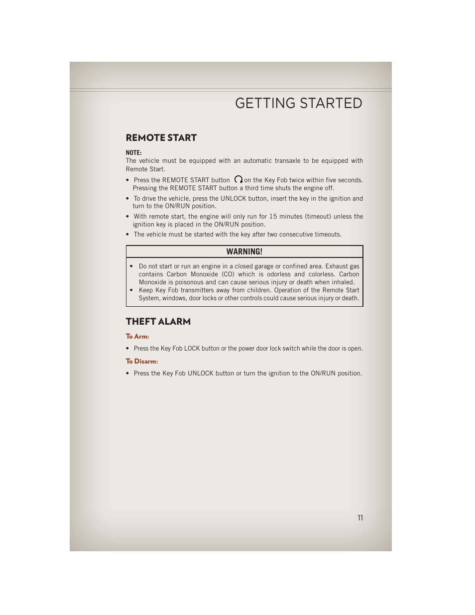 Remote start, Theft alarm, To arm | To disarm, Remote start theft alarm, Getting started | Jeep 2013 Compass - User Guide User Manual | Page 13 / 116