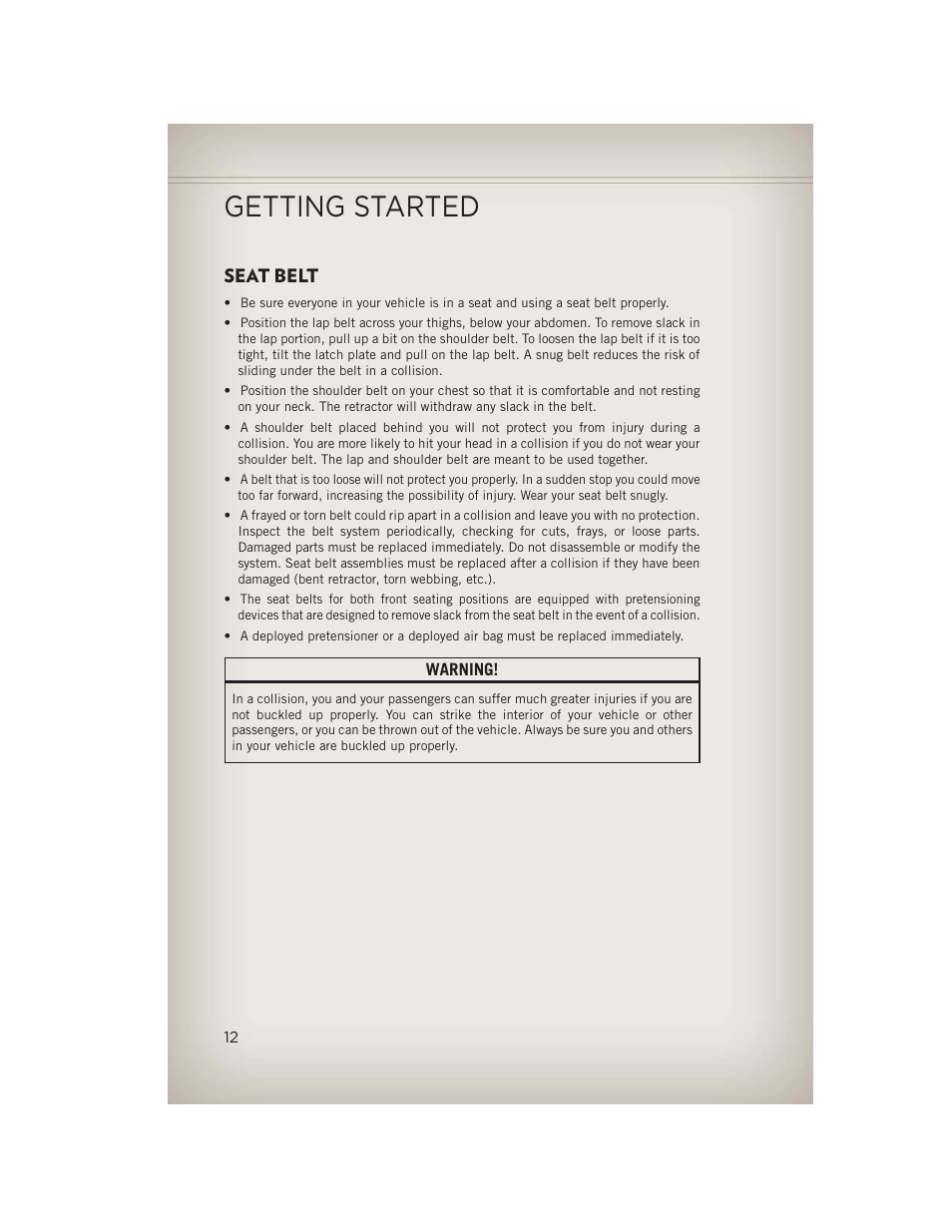Seat belt, Getting started | Jeep 2013 Compass - User Guide User Manual | Page 14 / 116