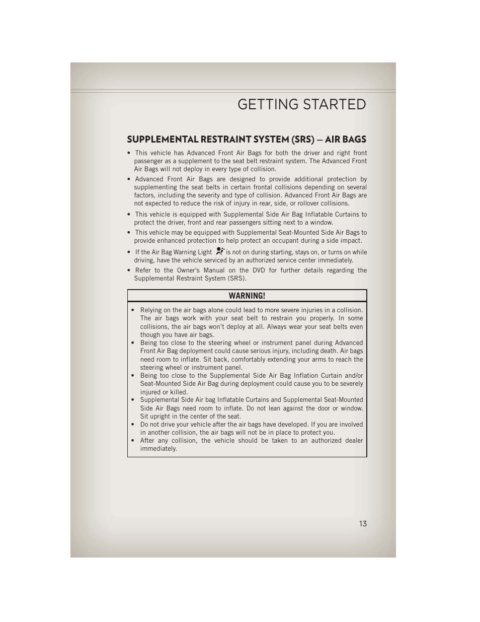 Supplemental restraint system (srs) — air bags, Getting started | Jeep 2013 Compass - User Guide User Manual | Page 15 / 116