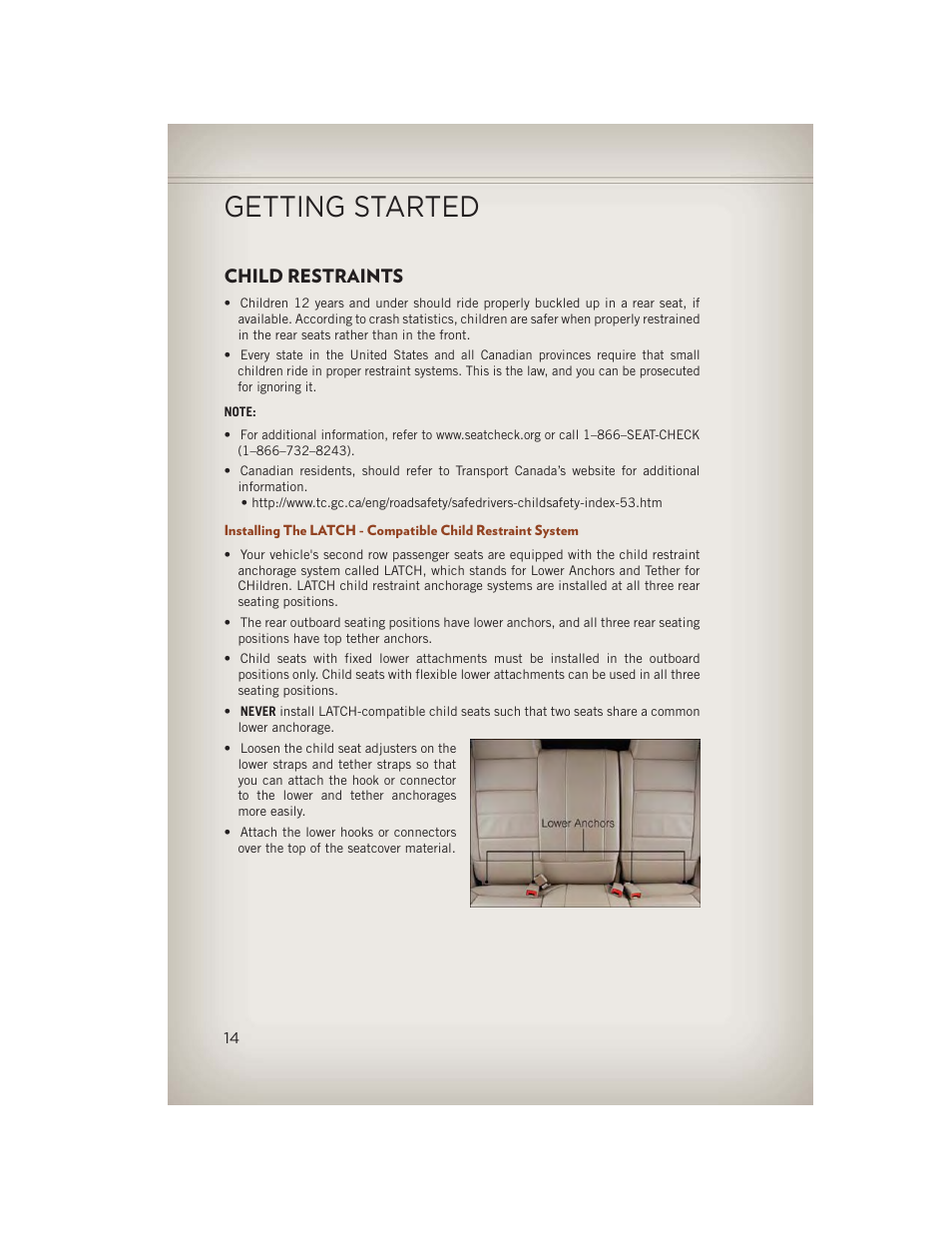 Child restraints, Getting started | Jeep 2013 Compass - User Guide User Manual | Page 16 / 116