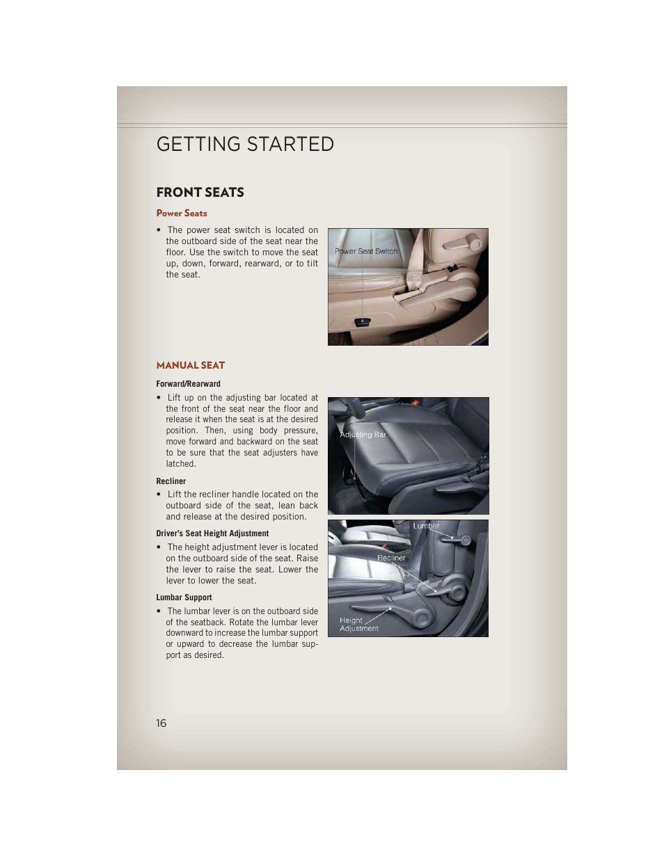 Front seats, Power seats, Manual seat | Getting started | Jeep 2013 Compass - User Guide User Manual | Page 18 / 116