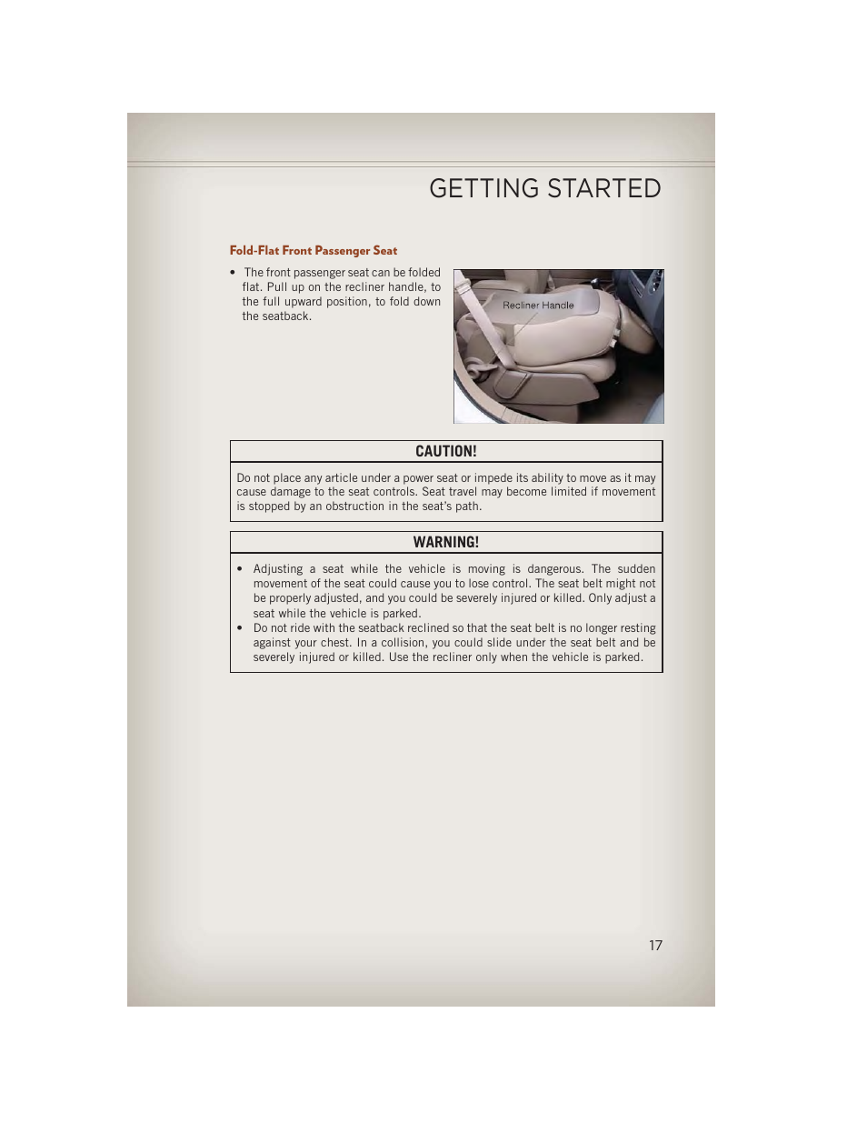 Fold-flat front passenger seat, Getting started | Jeep 2013 Compass - User Guide User Manual | Page 19 / 116